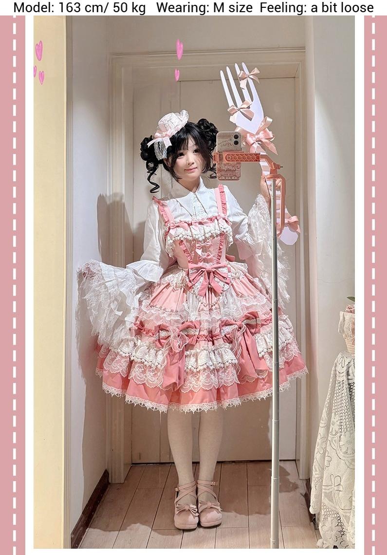Qianmu - Girl's Secret - Pink Sweet Lolita JSK Dress with Lace and Bow Trailing