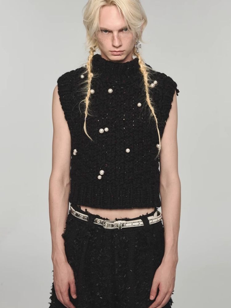 Turtleneck beaded sleeveless vest【s0000004157】