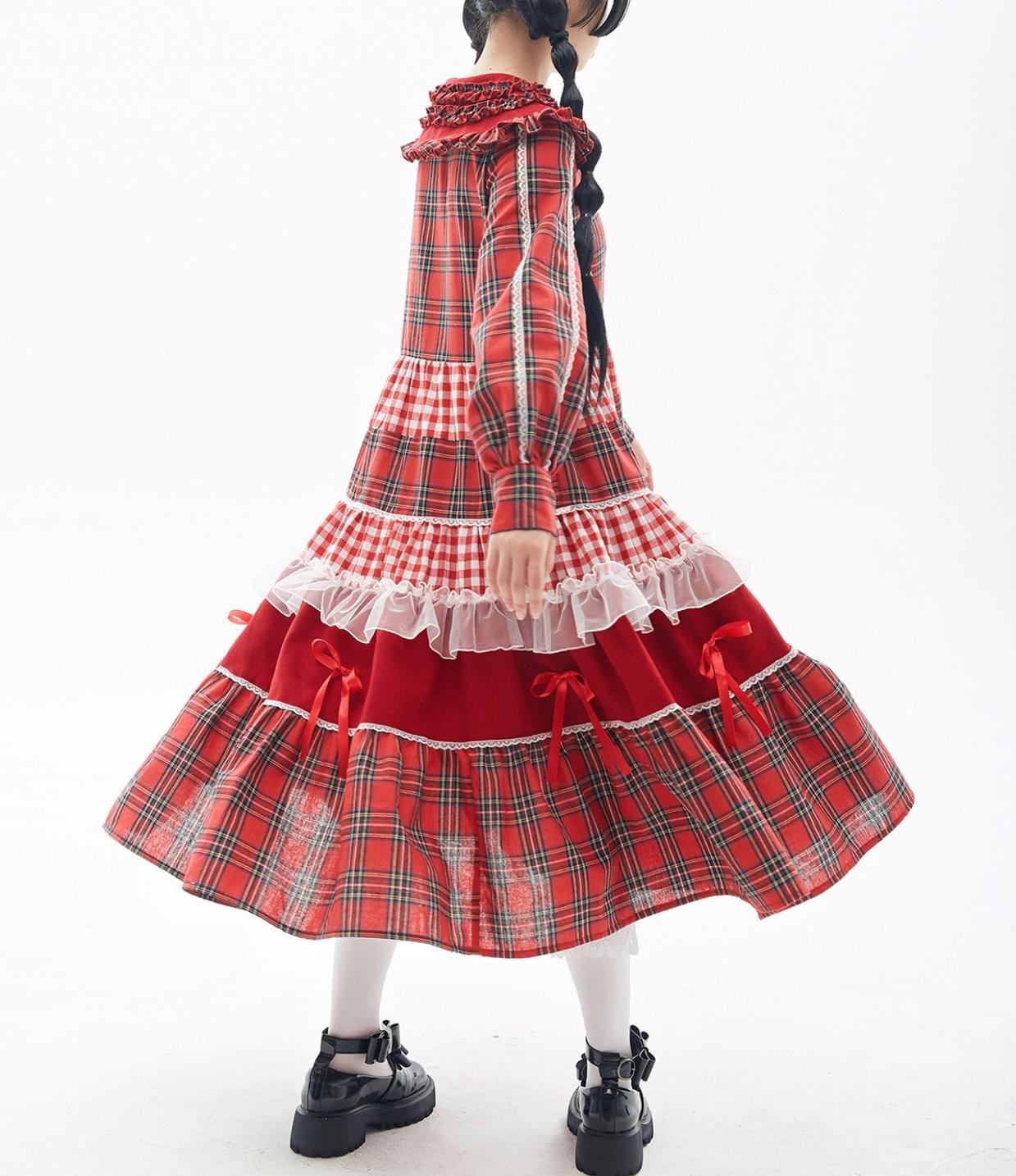 Soso Meme Club - Vintage Lolita OP Dress Red Lolita Plaid Dress for Spring Summer
