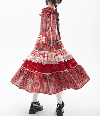 Soso Meme Club - Vintage Lolita OP Dress Red Lolita Plaid Dress for Spring Summer