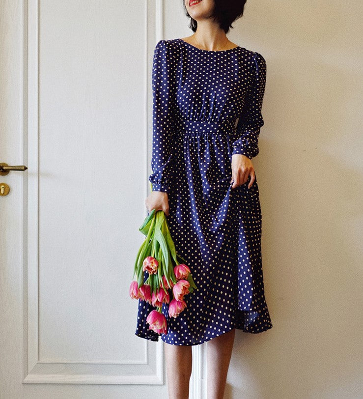 Lapis navy blue polka dot vintage dress