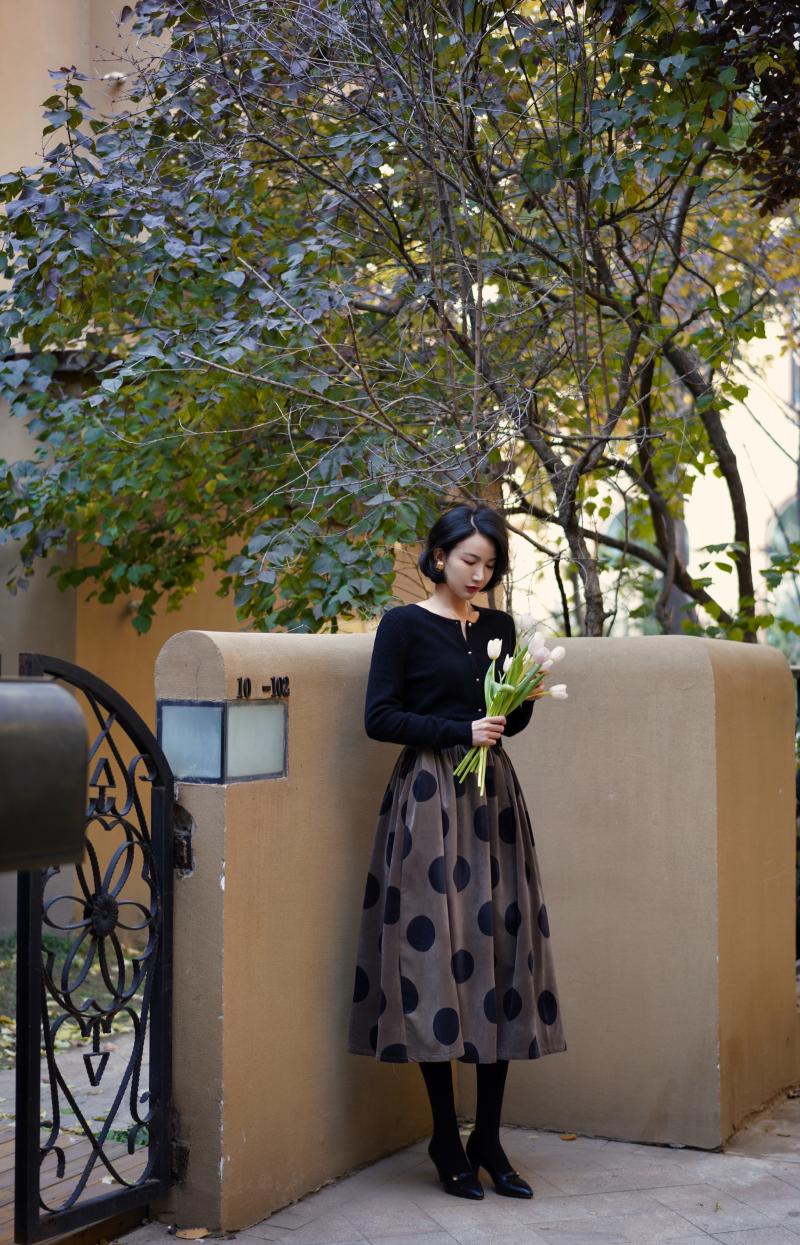 Birch brown polka dot velvet umbrella skirt