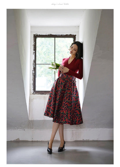 red flower jacquard skirt