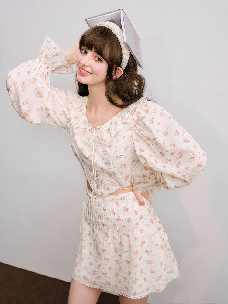 Floral Frill Collar Cropped Shirt ＆ A-Line Mini Skirt【s0000003850】