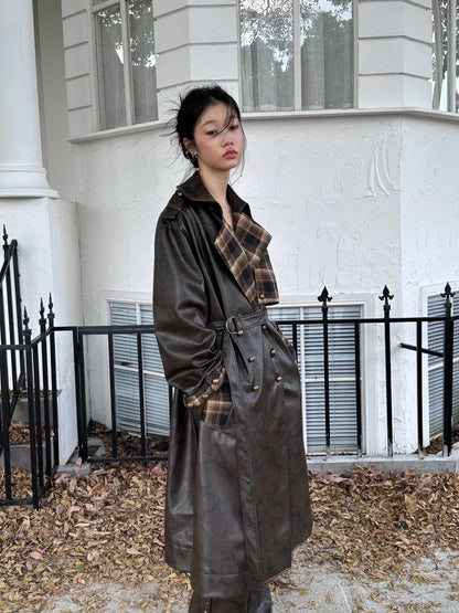 Plaid Splicing PU Leather Double Breasted Long Jacket【s0000004160】
