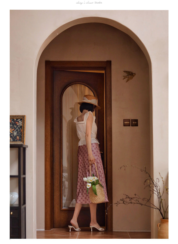 Pink flower pattern french skirt