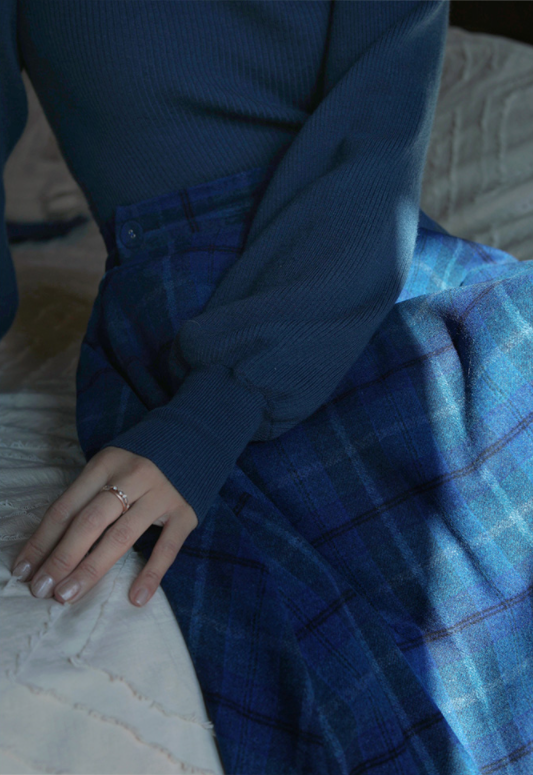 Blue Indigo Checkered Umbrella Skirt