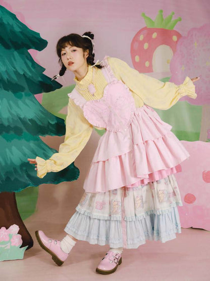Cat Embroidery Drawstring Heart Layered Apron Dress【s0000007762】