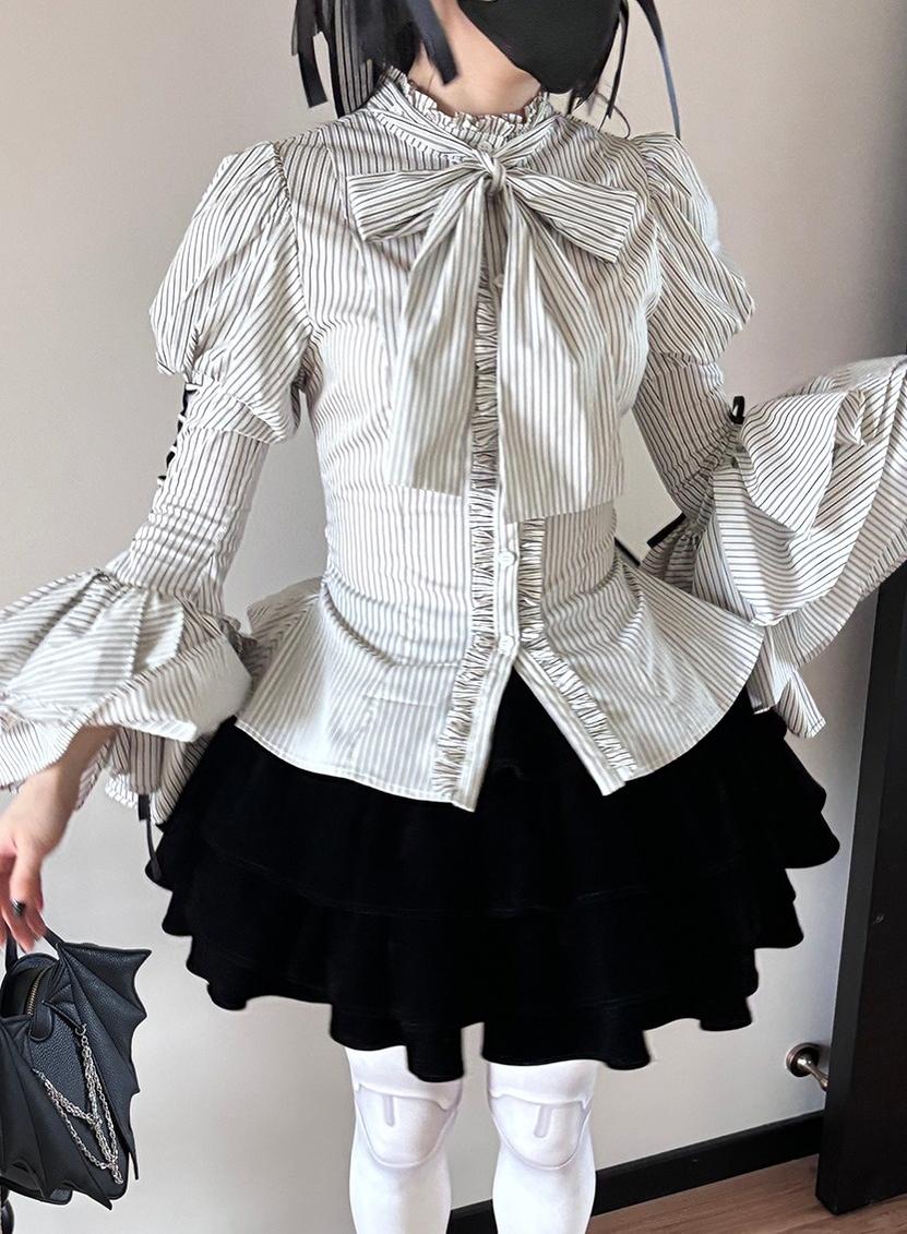 FlowerFairyDaily - Gothic Lolita Striped Shirt With Alternative NeckTie/Jabot