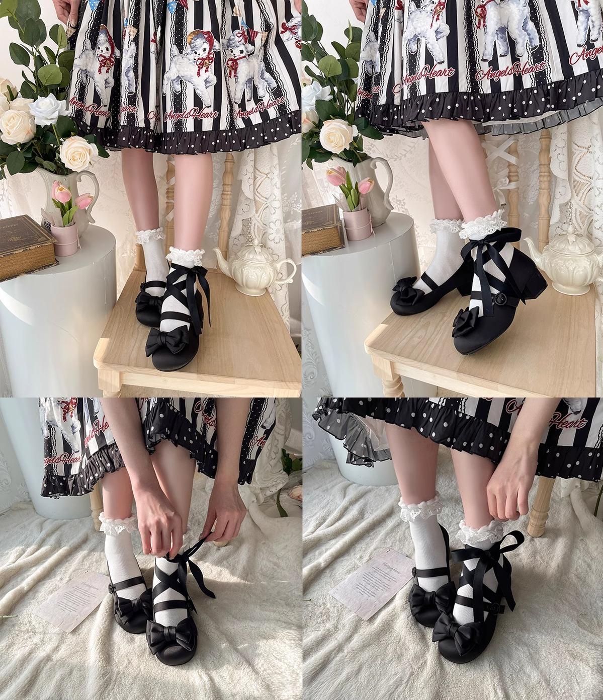 MODO - Sissi - Sweet Lolita Shoes Satin Low Chunky Heels with Bow