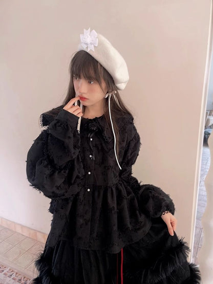 Loose Vintage Lace Bubble Long Sleeve Shirt【s0000004901】