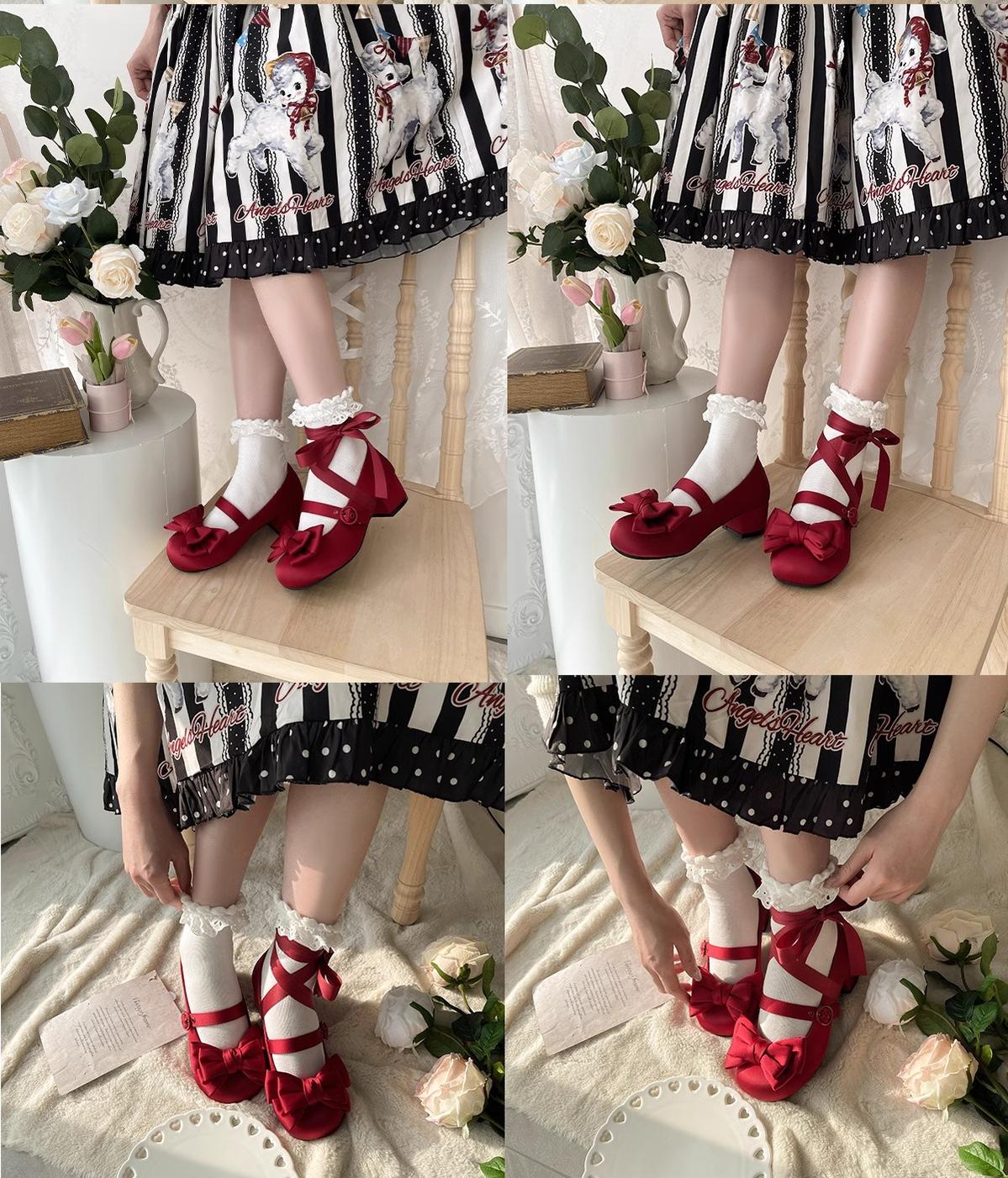 MODO - Sissi - Sweet Lolita Shoes Satin Low Chunky Heels with Bow