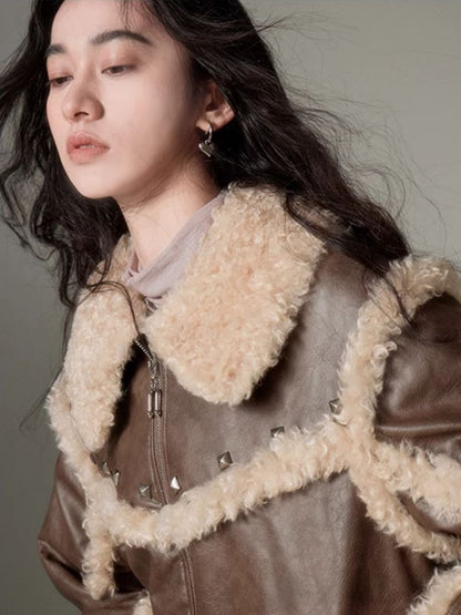 Retro rivets goat antelope roll lapel splicing leather jacket【s0000004860】