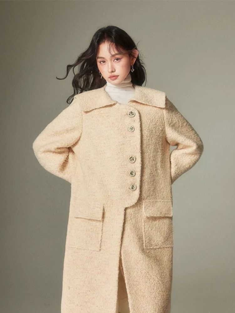 Straight silhouette milk yellow lapel wool coat【s0000004861】