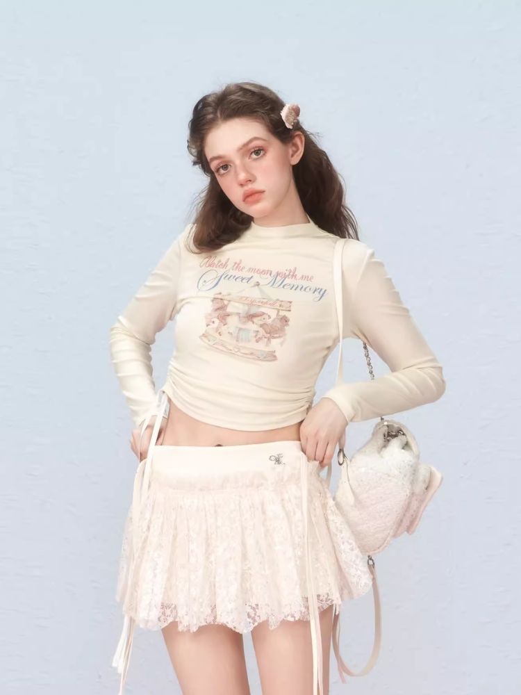 Short lace-up printed long-sleeved T-shirt【s0000006315】