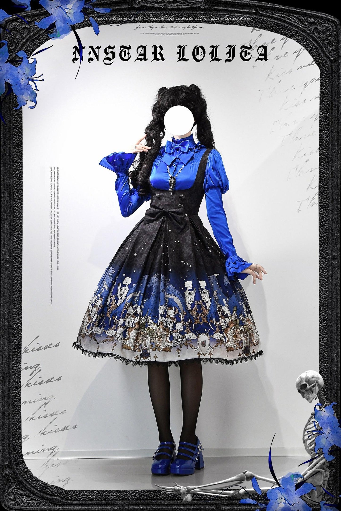 Nn Star - Dragonbone Lily - Dragon Skeleton Print Gothic Lolita Bust-supporting JSK and BNT