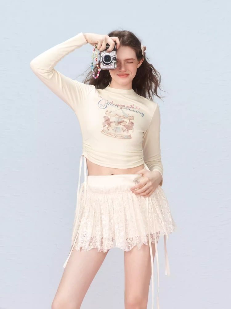 Short lace-up printed long-sleeved T-shirt【s0000006315】