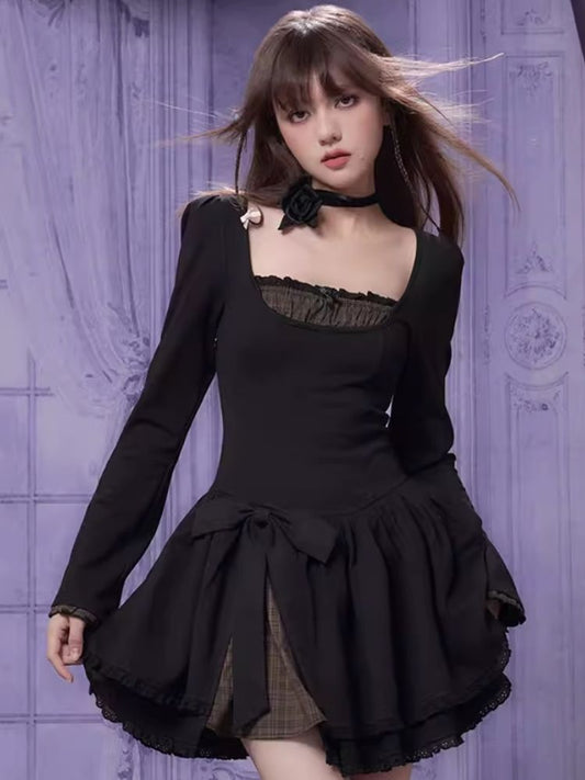 Bow Splicing Plaid Long Sleeve Dress【s0000006503】