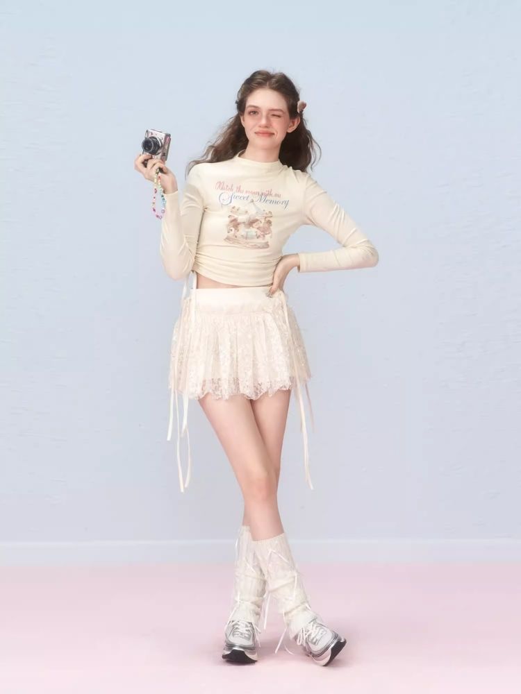 Short lace-up printed long-sleeved T-shirt【s0000006315】