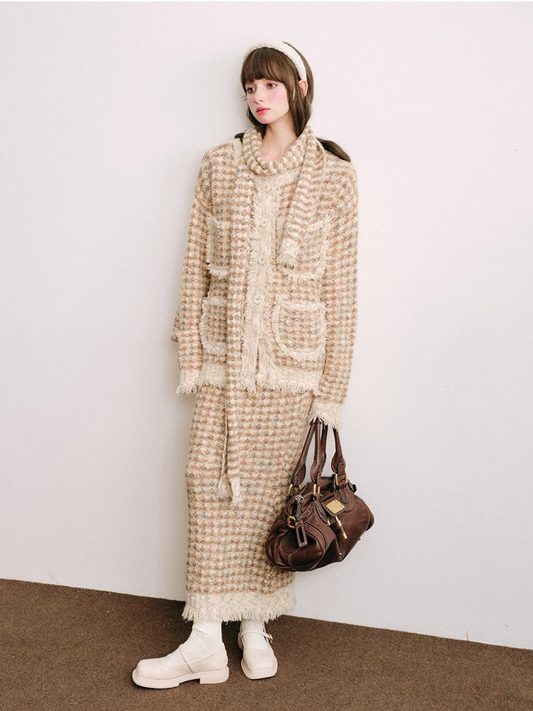 Knitted Fringe Cardigan Jacket With Stole ＆ Long Skirt【s0000003854】