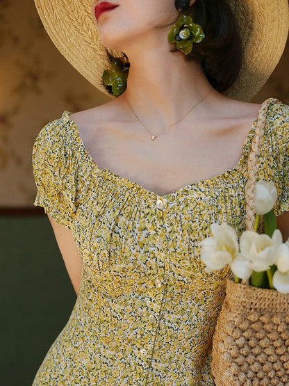 Yellow green bouquet french dress