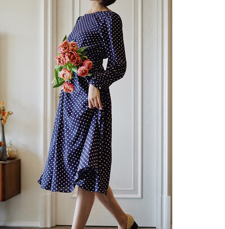 Lapis navy blue polka dot vintage dress