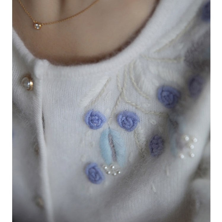 blue flower embroidery knit cardigan