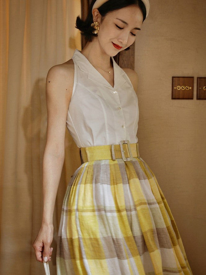 Pale yellow plaid retro umbrella skirt