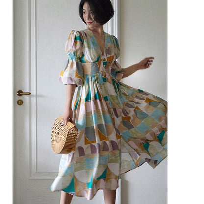 Geometric pattern oil painting dress