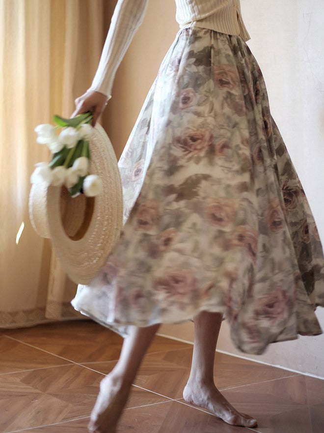 Oil painting rose pattern retro skirt