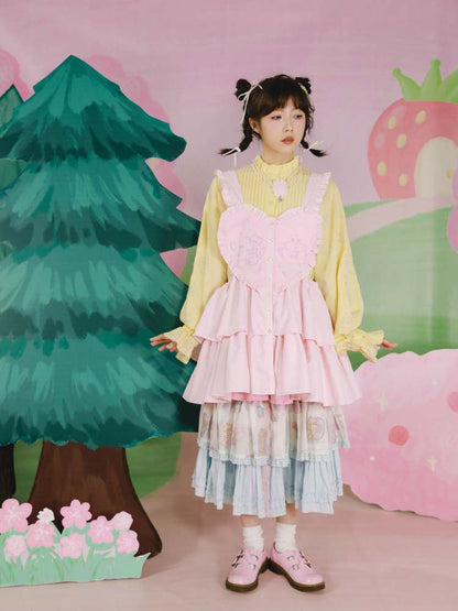 Cat Embroidery Drawstring Heart Layered Apron Dress【s0000007762】