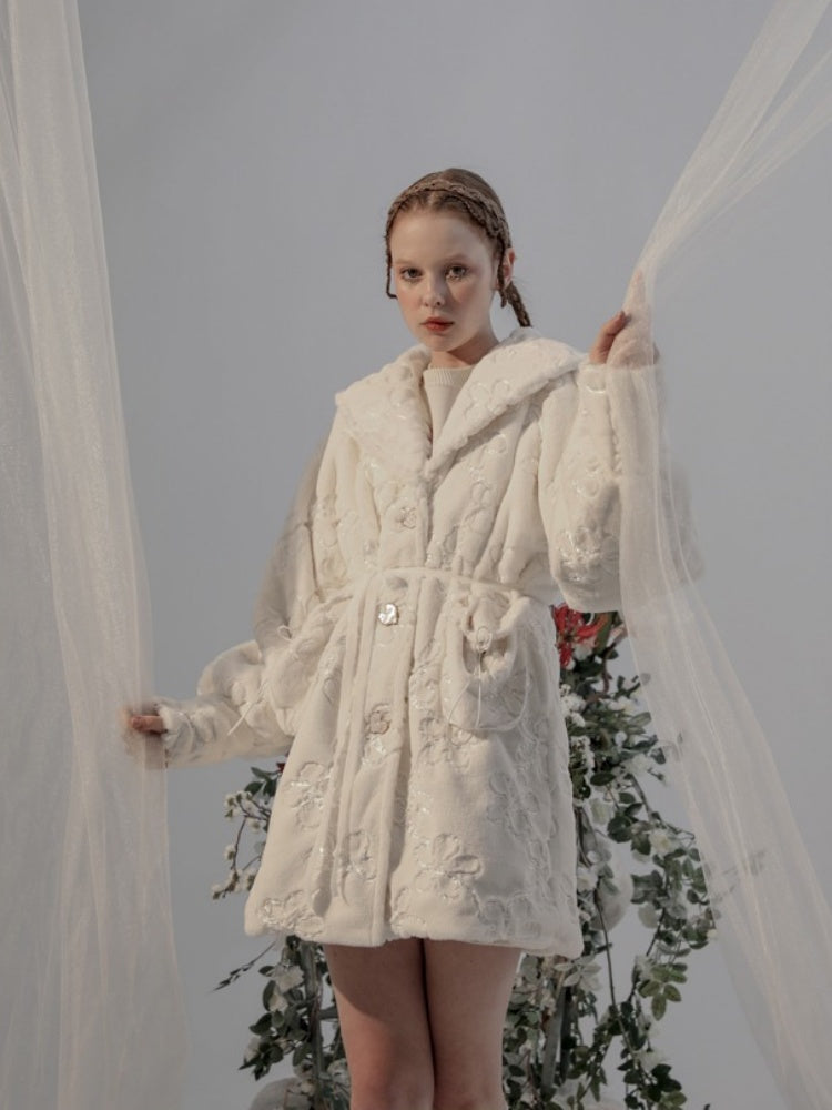 Embroidery Flower Lace Faux Fur Long Coat【s0000003855】