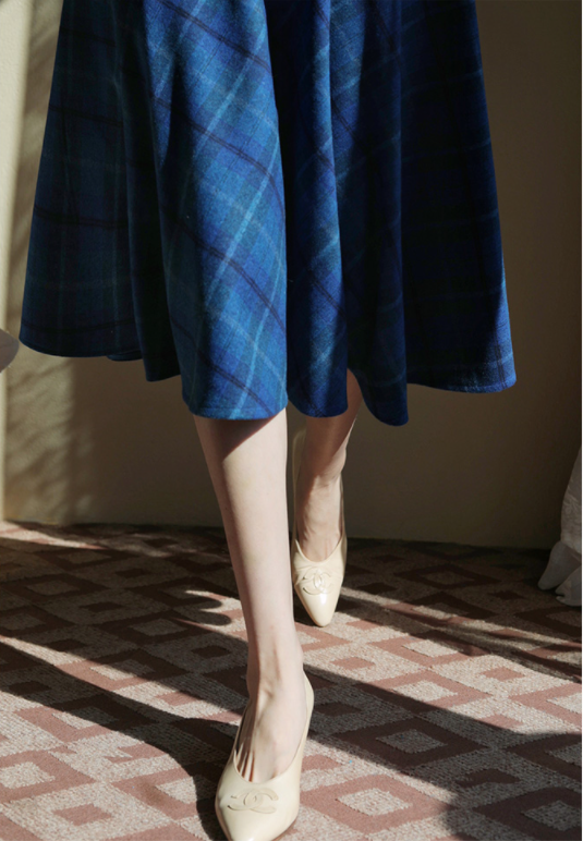 Blue Indigo Checkered Umbrella Skirt