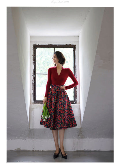 red flower jacquard skirt