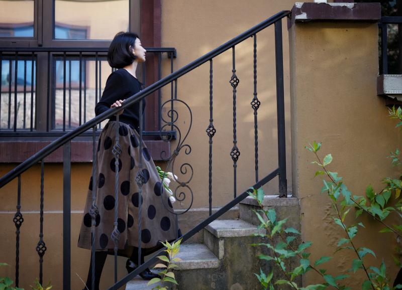 Birch brown polka dot velvet umbrella skirt