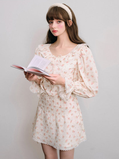 Floral Frill Collar Cropped Shirt ＆ A-Line Mini Skirt【s0000003850】