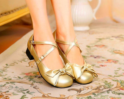 Sosic - Bow and Low Heel Cross Band Lolita Leather Shoes