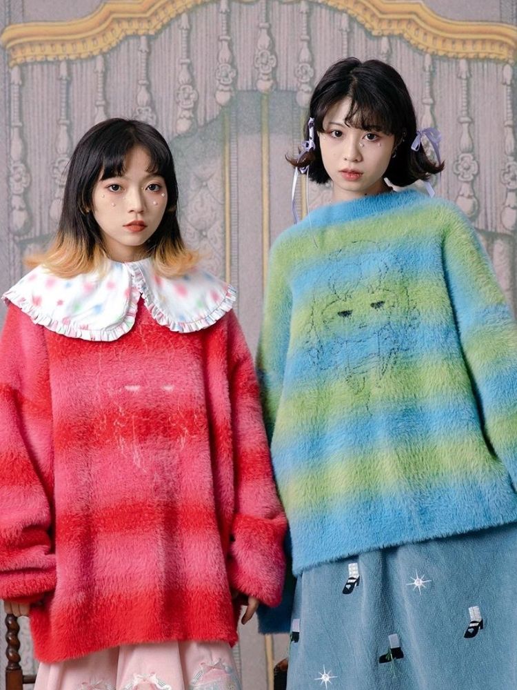 Two-color stripe jacquard sweater【s0000003602】