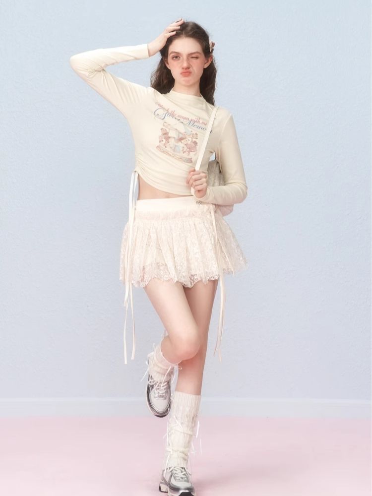 Short lace-up printed long-sleeved T-shirt【s0000006315】