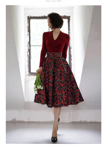 red flower jacquard skirt