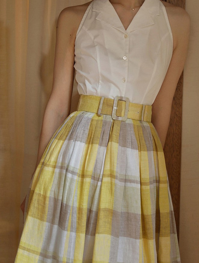 Pale yellow plaid retro umbrella skirt