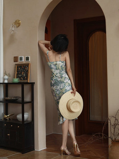 Celadon Flower Pattern Retro Strap Dress