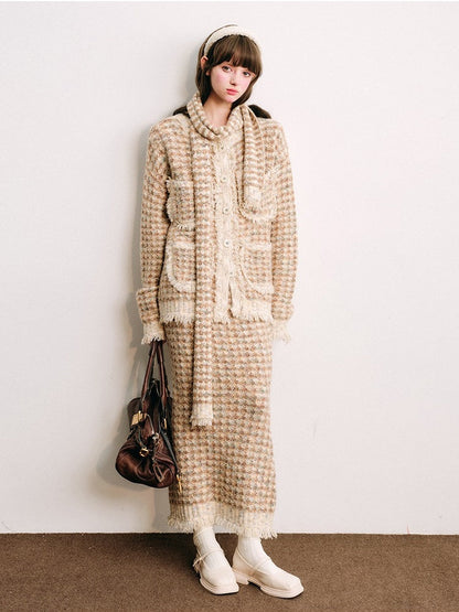 Knitted Fringe Cardigan Jacket With Stole ＆ Long Skirt【s0000003854】