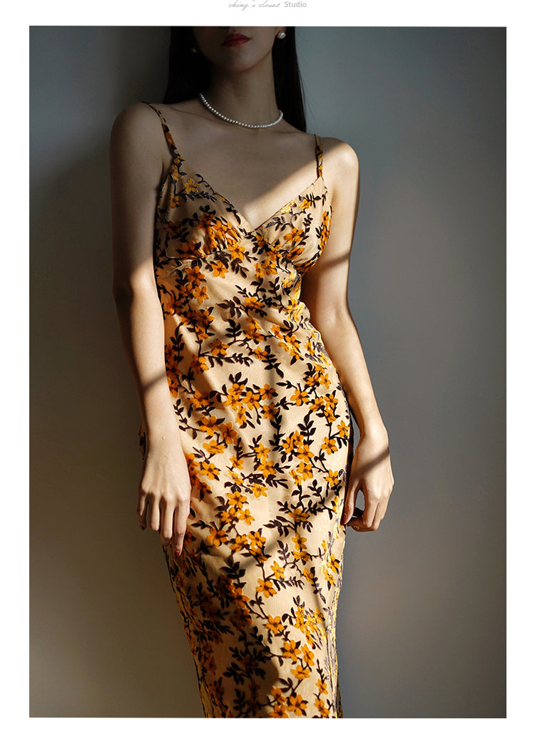 Flower Crowd Velvet Camisole Dress