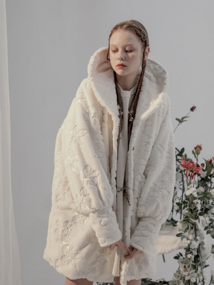 Embroidery Flower Lace Faux Fur Long Coat【s0000003855】