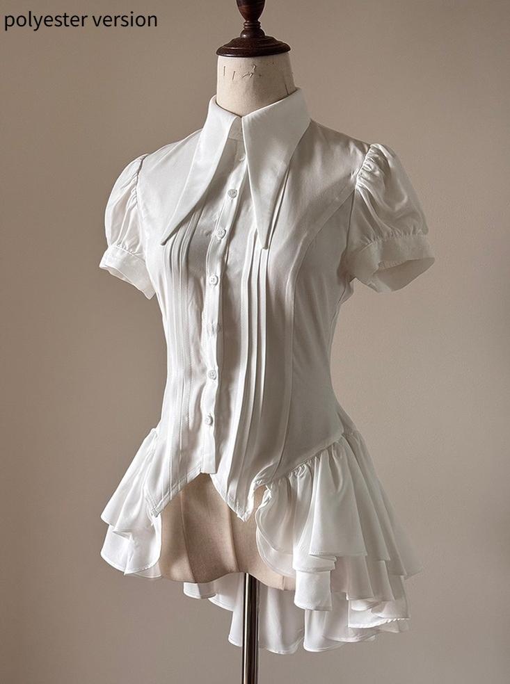 FlowerFairyDaily - Midnight Prayer - Solid Lolita Shirt with Flowing Tiered Back Hem