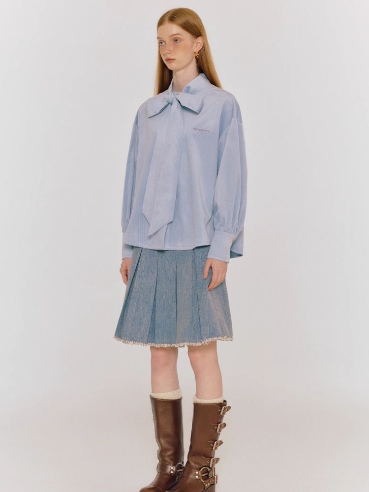 Blue Bow Tie Shirt Loose Blouse【s0000004314】