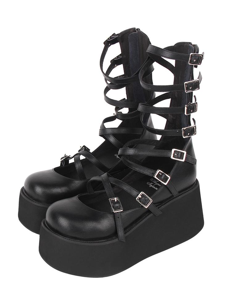Angelic imprint - Punk Lolita High Platform Shoes With Calf-length Straps