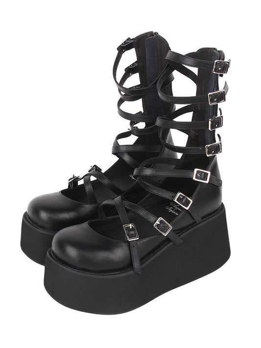 Angelic imprint - Punk Lolita High Platform Shoes With Calf-length Straps