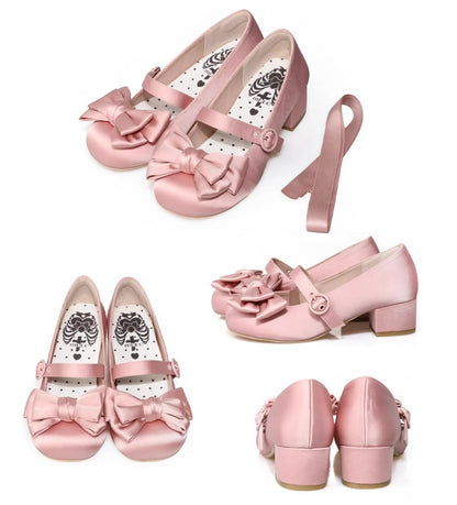 MODO - Sissi - Sweet Lolita Shoes Satin Low Chunky Heels with Bow